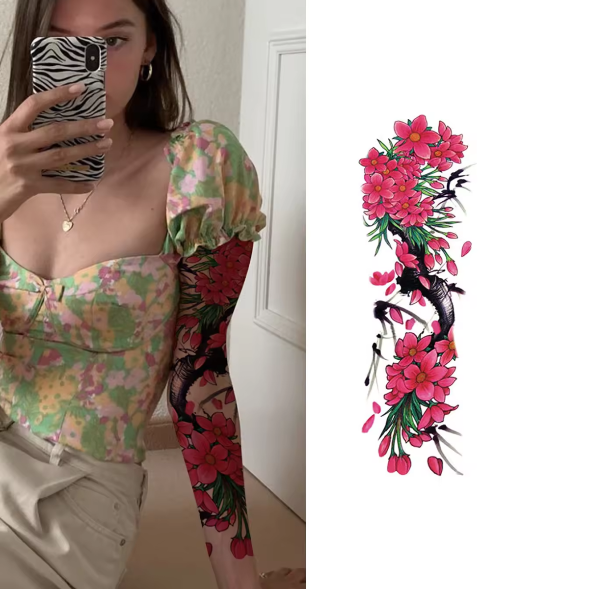 Full Arm Colorful Red Flower Tattoo Stickers - Image 2
